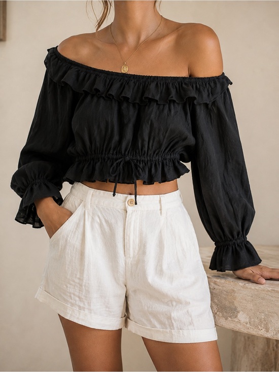 DISSH Tops - DISSH 100% Linen Off-the-Shoulder Ruffle Crop Top | Size 8